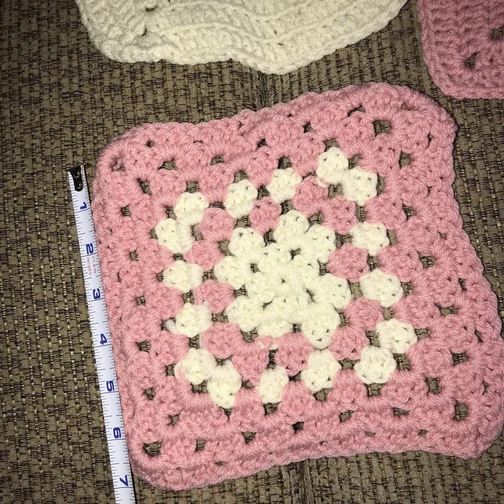 9 Granny‎ Squares Blocks Crochet Pink Cream Color Lot Afghans Bags Hat for Throw